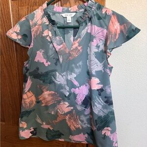 Nine West Women's Abstract Floral Blouse - Green and Pink
